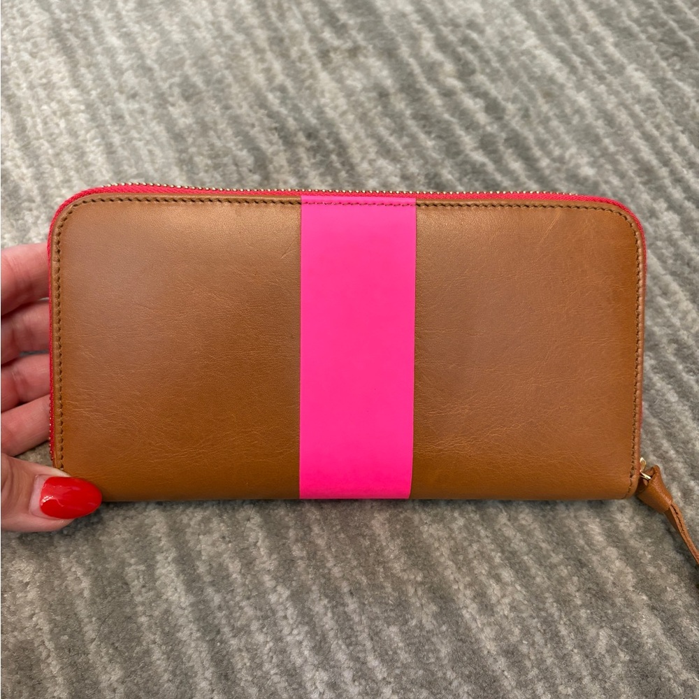 Clare V. zip wallet. Brown leather with pink stripe.